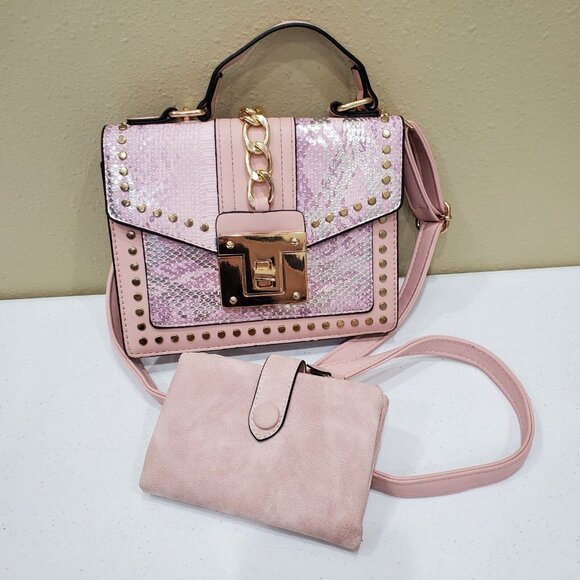 Unbranded Handbags - Small Handbag Pink Faux Leather Gold Tone Chain Crossbody Strap with Billfold